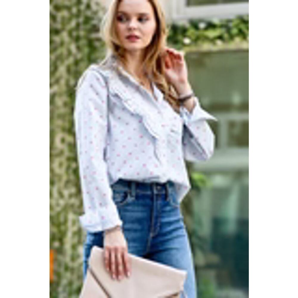 Long Sleeve Cotton Button Up Blouse White Gray Pinstripe Heart Ruffle Small - Picture 2 of 10